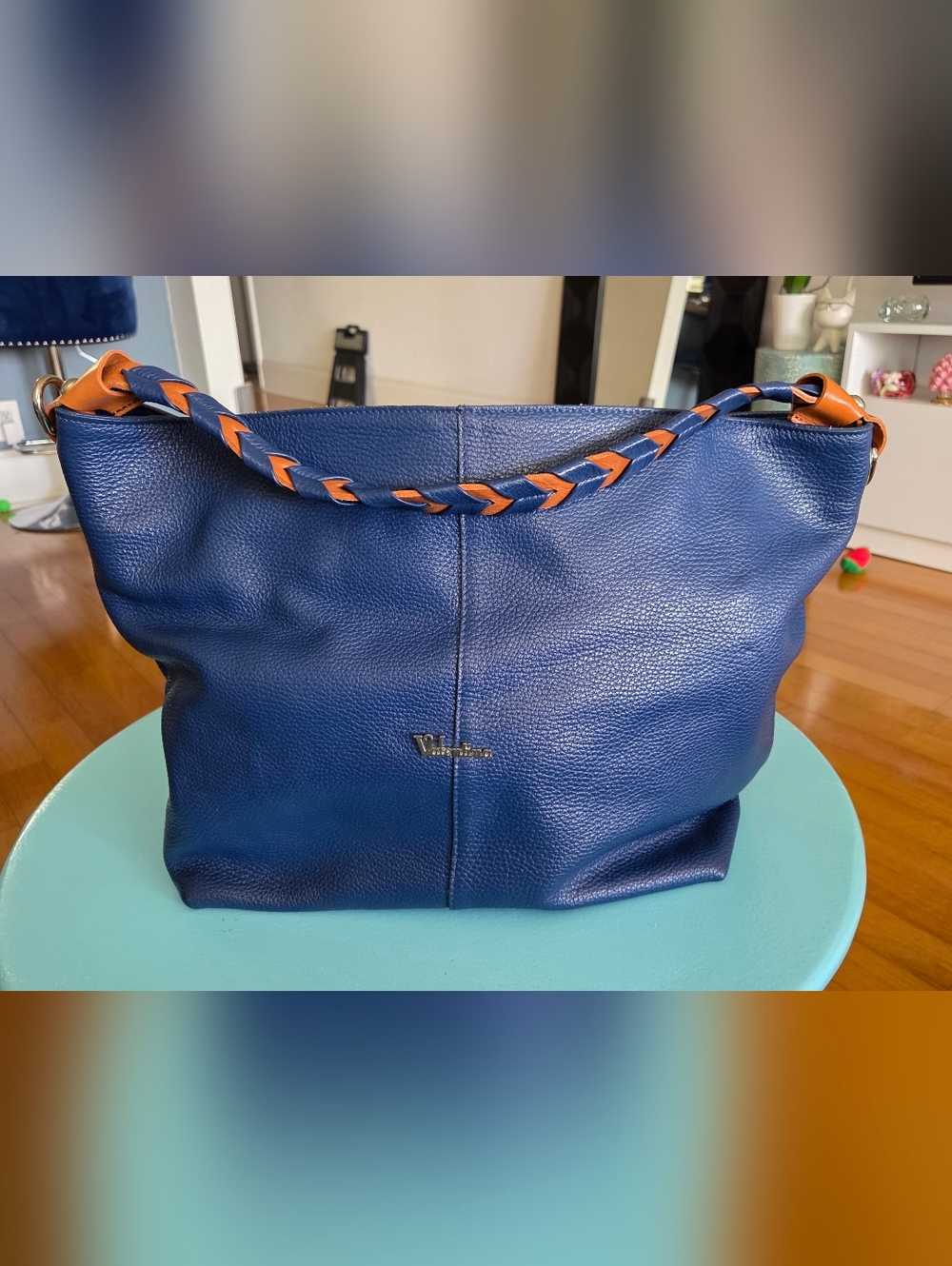 Valentino Blue Pebbleb Leather Shoulder Tote with Braided Accent